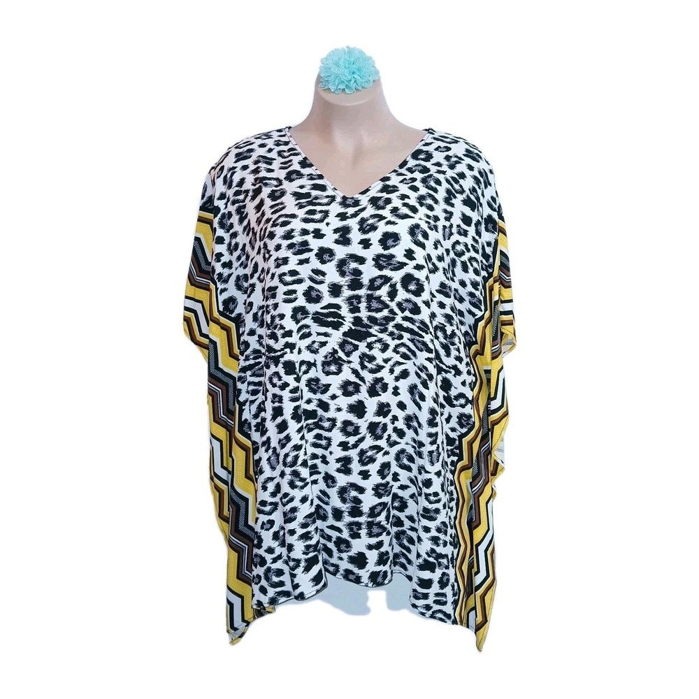 Ashro Women Caftan Top 2X White Yellow Leopard Animal Ethnic Afrocentric Culture